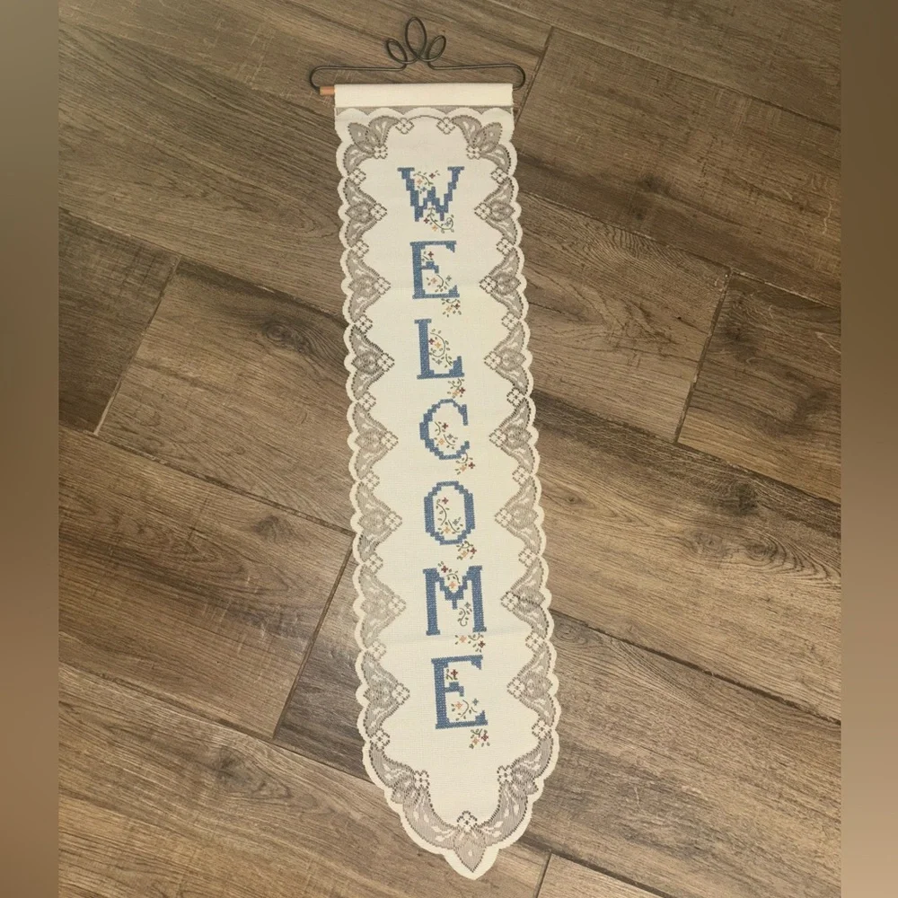 Vintage Welcome Wall Hanging with Blue Lettering